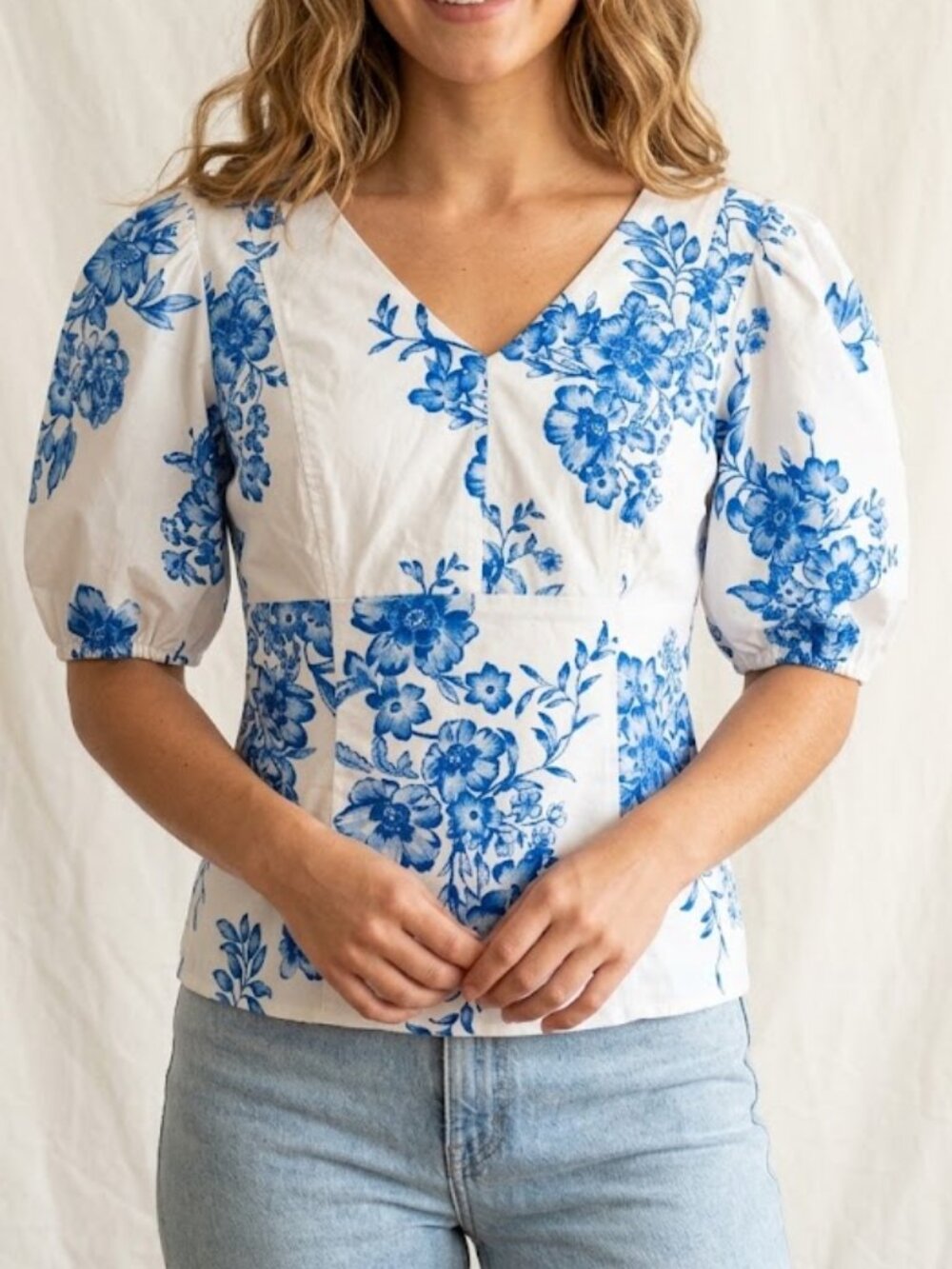 Rachel Parcell Blue White Floral Puff Sleeve Cotton Poplin Blouse Size L